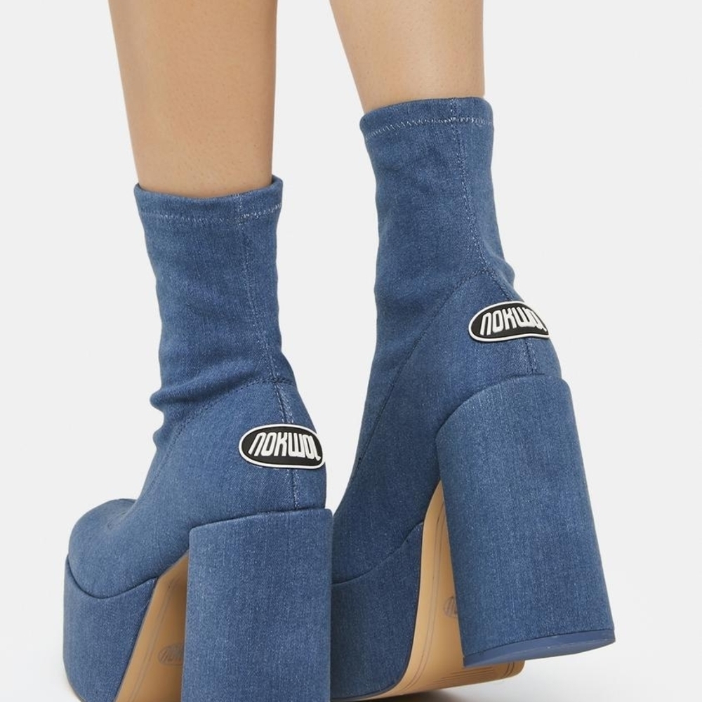 AZALEA WANG "Runway Rebel" Denim Blue Platform Sock Boots with Chunky Heel - Picture 2 of 6